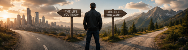 Man at a fork between a city road and a mountain road, beside signs for the life he knows and the life he wants.