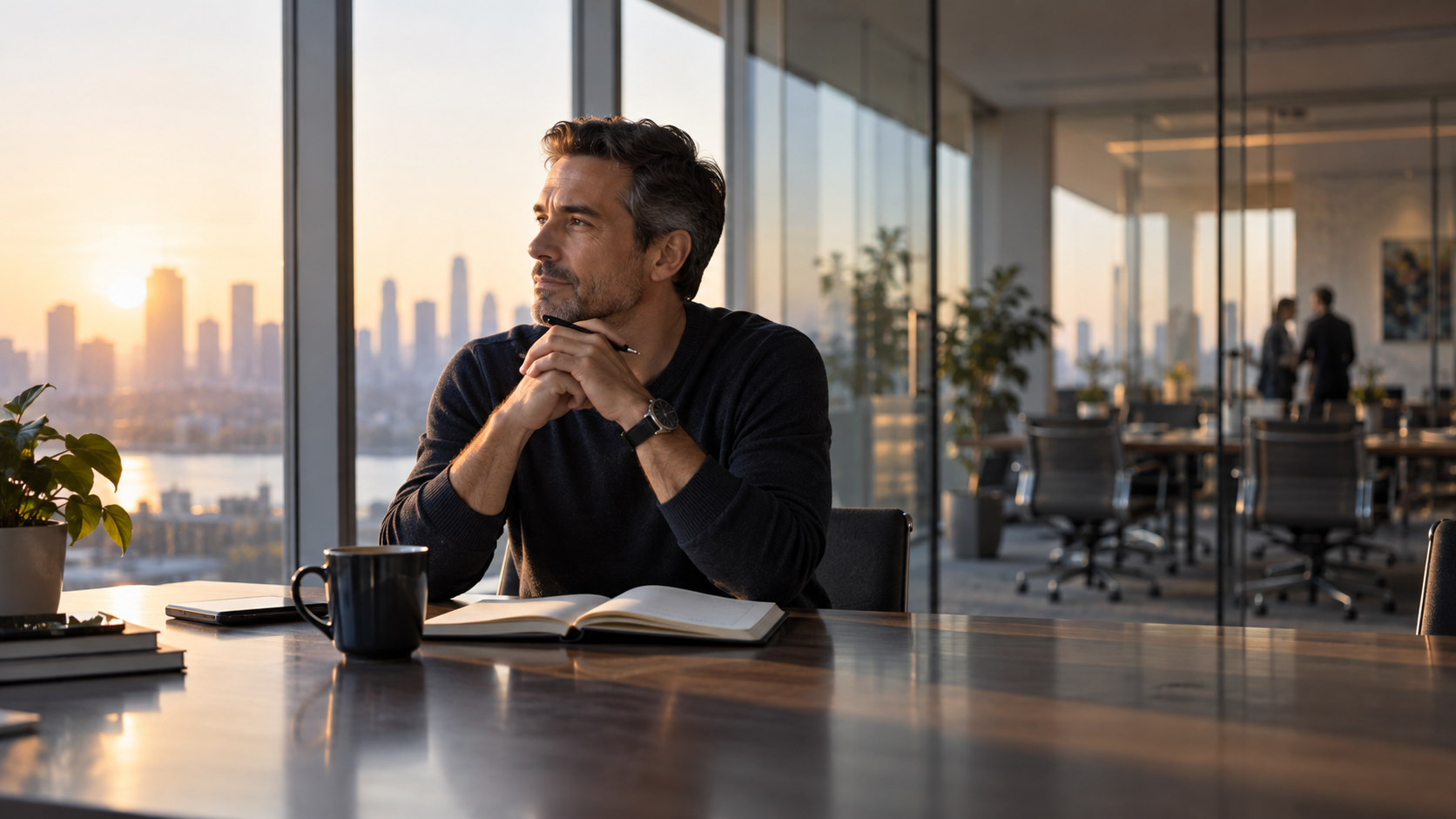 Man reflecting on self leadership to lead others in a modern office.