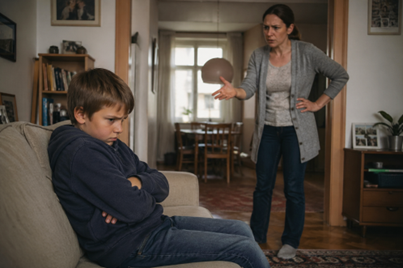 Boy sitting with crossed arms while a woman gestures nearby