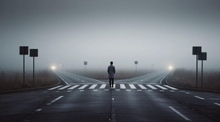 Person standing at a foggy fork in the road