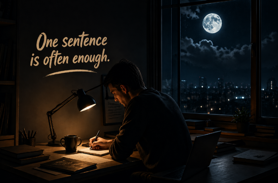 Man writing at a desk beneath the words “One sentence is often enough”