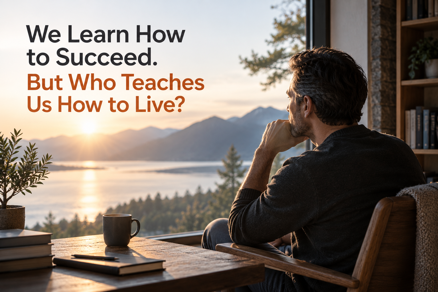 Man reflecting on learning for life while overlooking a lake and mountains at sunset.
