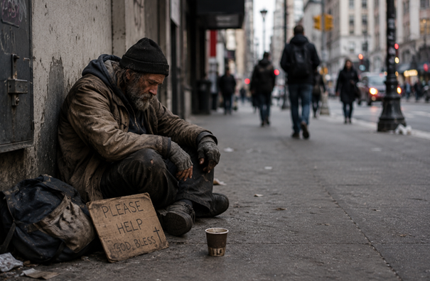 Man seated on a city sidewalk beside a “Please Help” sign and a cup