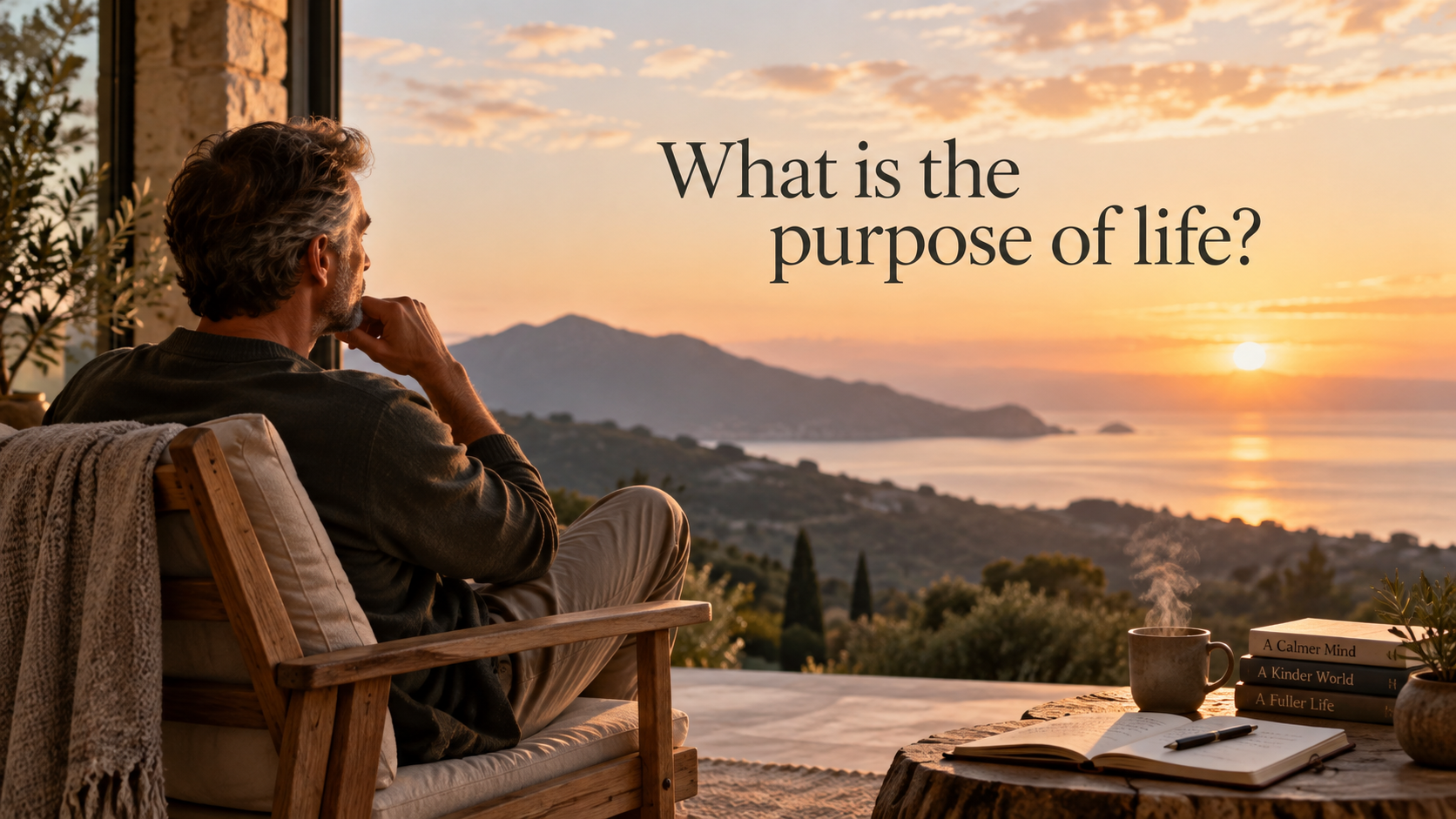 Man reflecting on the purpose of life while overlooking the sea at sunset