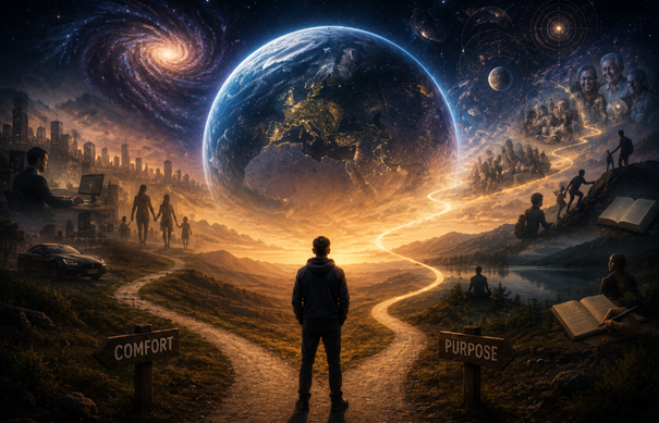 Person facing forked paths marked Comfort and Purpose beneath Earth and a starry sky