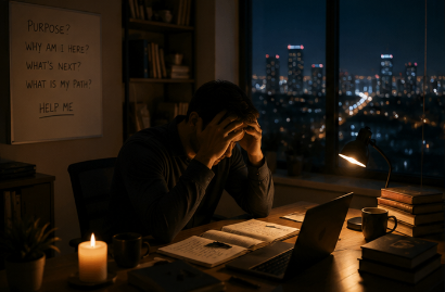 Person at a desk beneath questions about the purpose of life