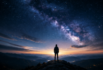 Silhouetted person standing on a rocky peak beneath the Milky Way.